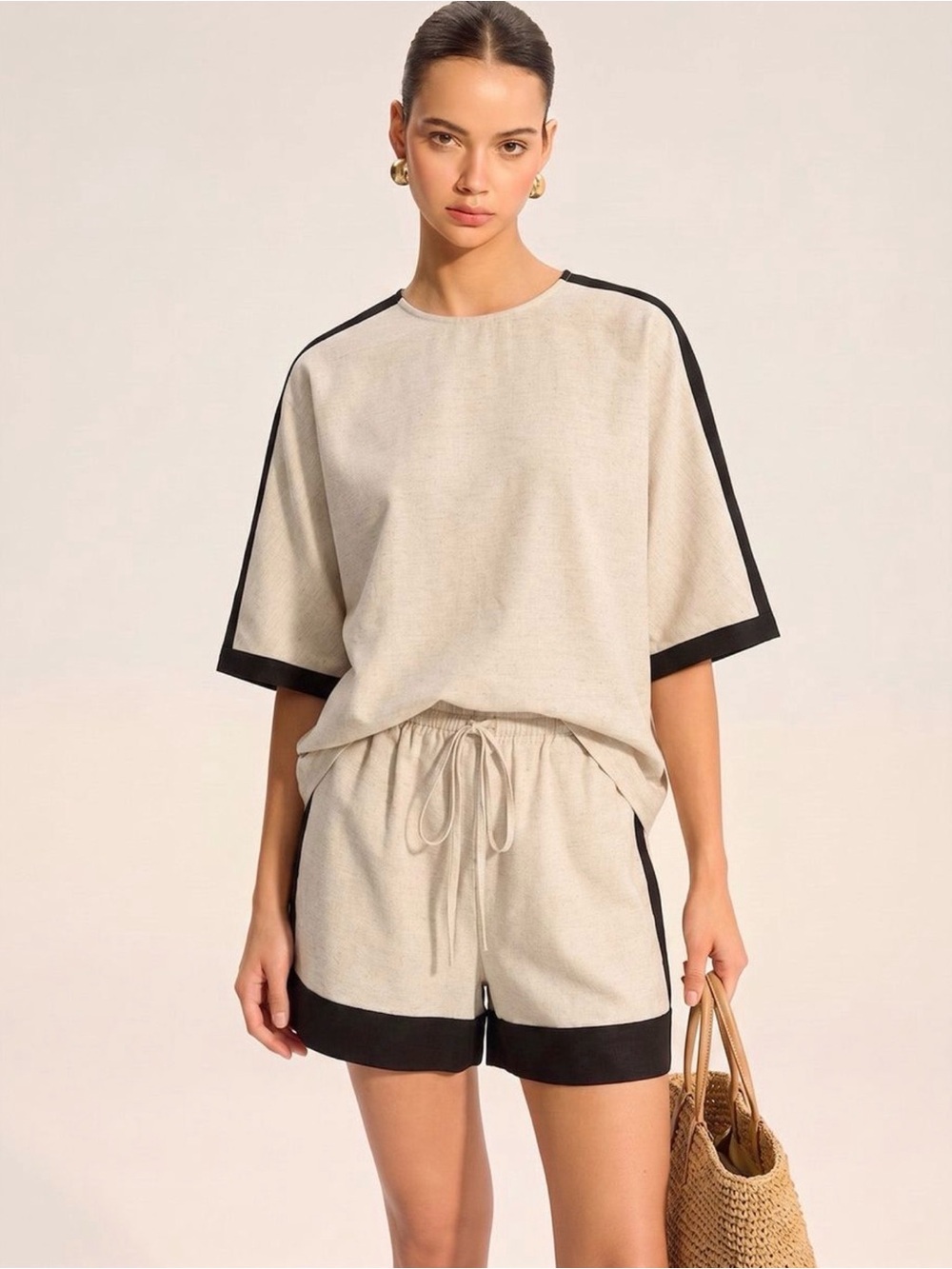 Commense Cotton Linen Contrast Trim Top & Shorts Set